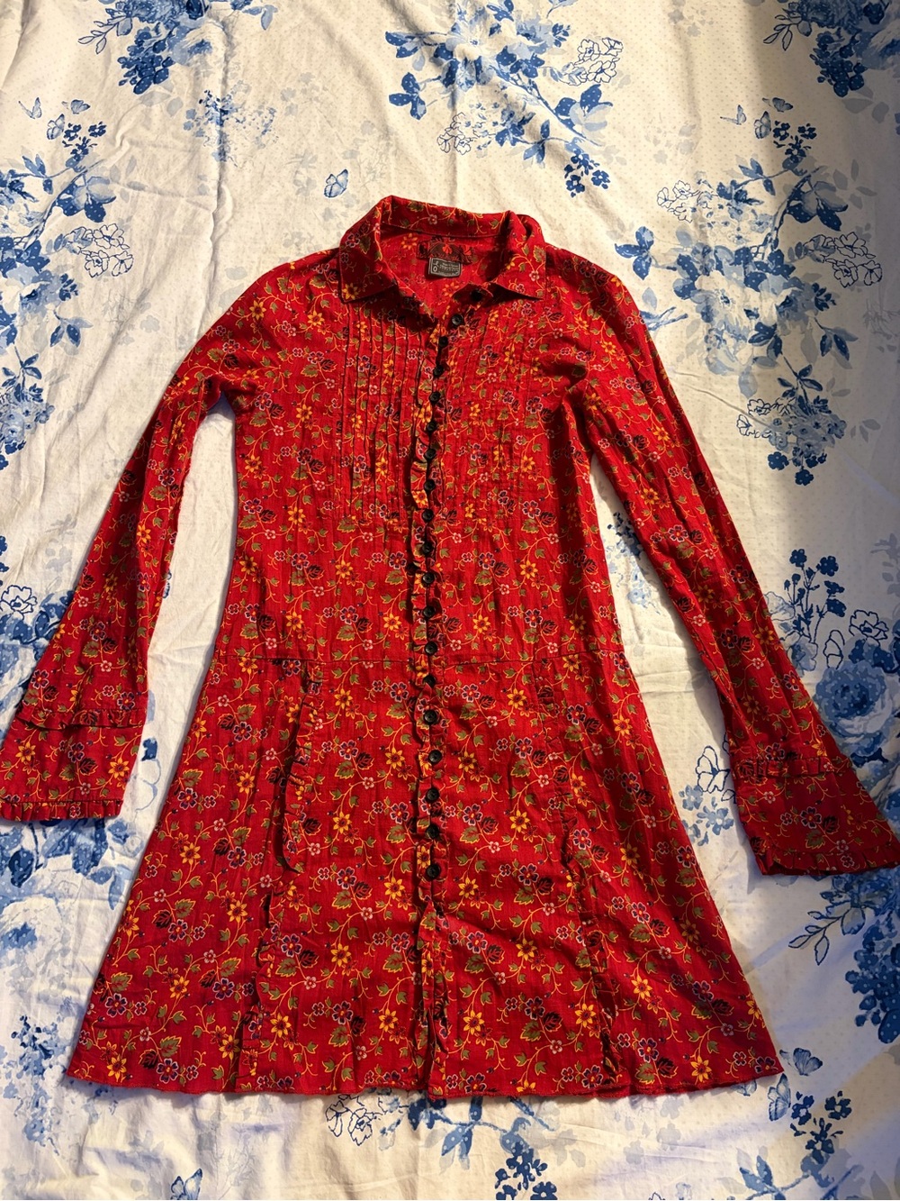 Free People Red Floral Button-Down Long Sleeve Dress